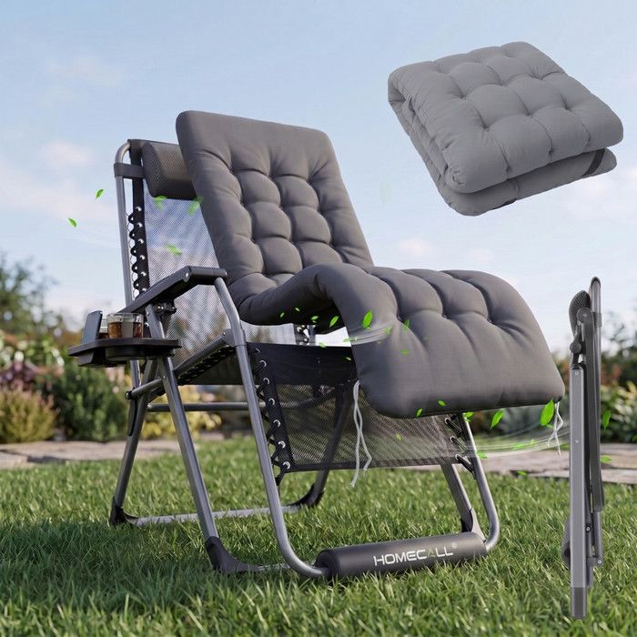 HOMECALL Transat de jardin pliable - Fauteuil « zéro gravité » - chaise longue - coussin amovible - chargé 180 kg - plage - Gris