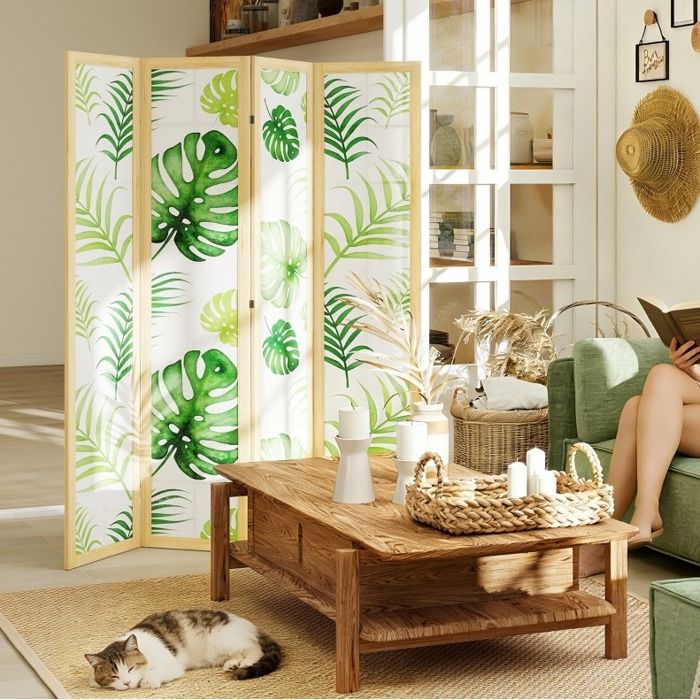 Paravent 4 panneaux pliable 170 cm motif feuilles de palmier séparateur de pièce en bois naturel vert