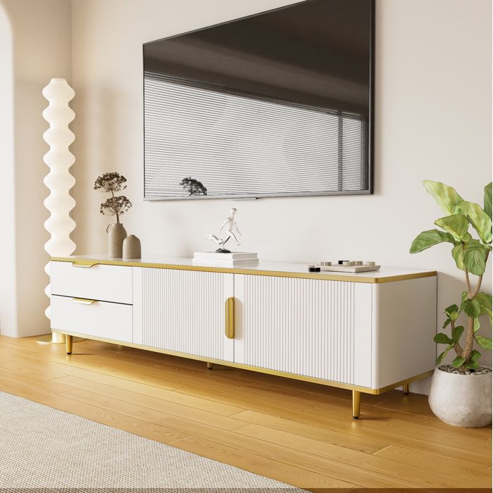Meuble TV Bas 170 cm 2 Tiroirs 2 Portes avec Rangement - LPOSPI - Façades Texturées MDF et Panneaux de Particules Blanc et Or