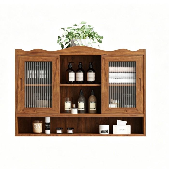 Armoire murale 2 portes coulissantes rétro 90 x 20 x 60 cm en bois massif et verre 3 niveaux marron ORVRYN