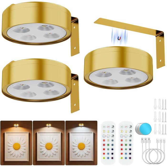 Lot de 3 lampes murales sans fil rechargeables RGB - applique murale intérieure magnétique 2000 mAh avec télécommande