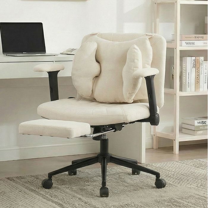 Fauteuil de Bureau Pivotant avec Repose-Pieds Hauteur Réglable et Coussin Lombaire - TCQPZ - Tissu - Beige
