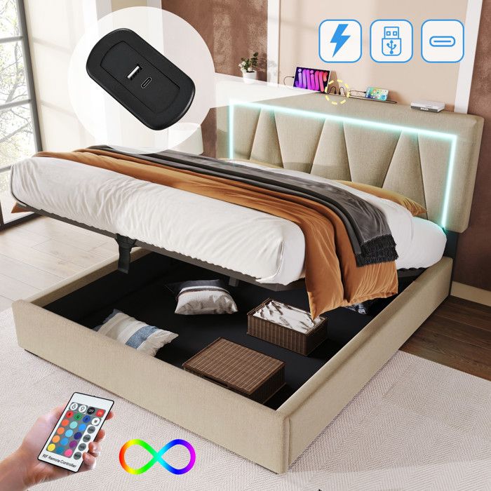 Lit double 160x200 cm LED avec USB Type-C lit coffre avec rangement cadre en lin sommier à lattes sans matelas