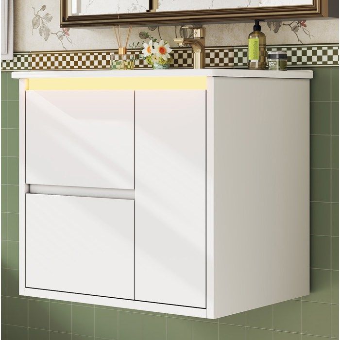 Meuble Vasque Suspendu Blanc MDF Céramique Vasque Intégrée FloraGrace Pour Salle De Bain LED Radar Soft-Close 61x46 5x57cm