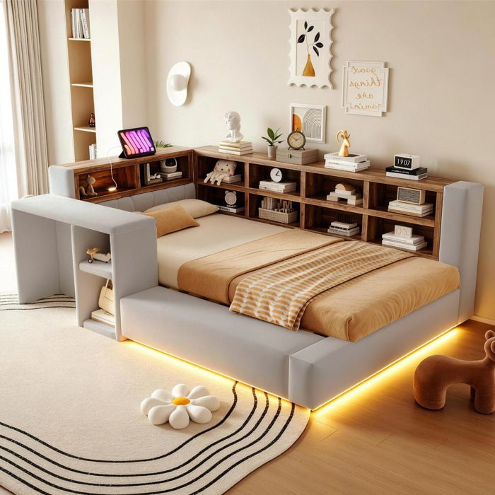 Lit simple rembourré 90x200 cm avec tête de lit à niches LED réglable étagères prises EU intégrées table de chevet Gris clair