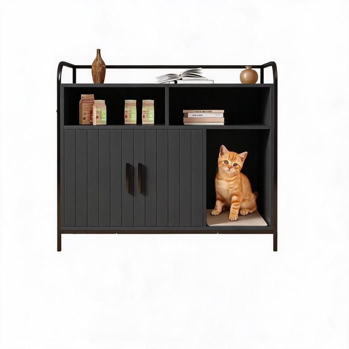 Meuble Cache-Litière Chat 95cm - Maison Bois Entrée Latérale Rangement Table Déco Contrôle Odeurs Entretien Facile-noir