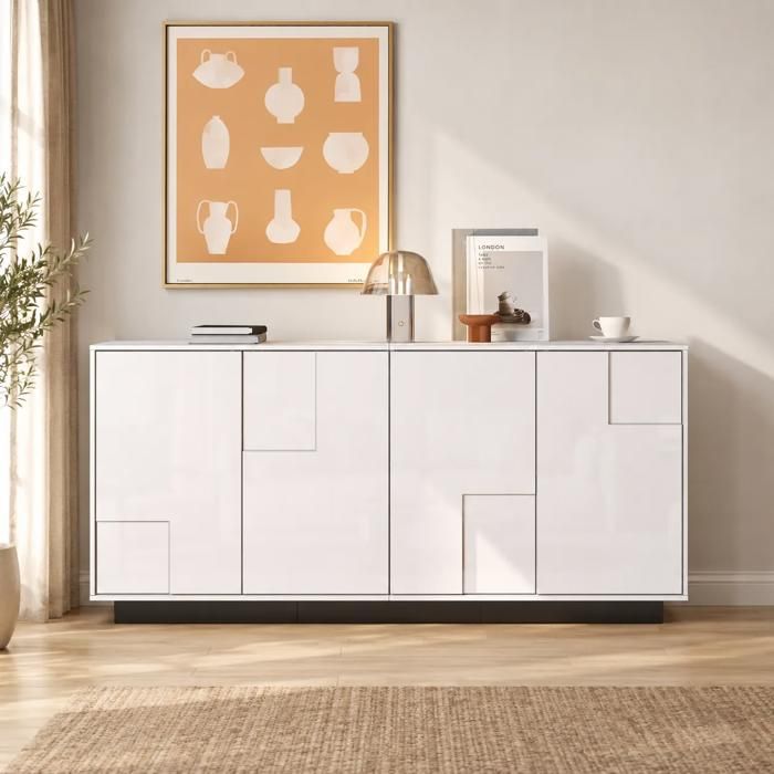 Buffet de salon 160 x 37 x 75 5 cm 4 Portes et 2 étagères. Meuble laqué brillant Armoire haute brillance Blanc