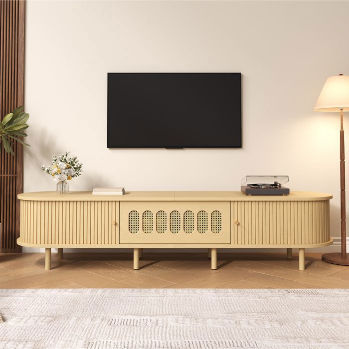 Meuble TV 180 cm - Effet Bois Clair et Cannage - avec 1 Porte Abattante 2 Portes à Rideau 5 Rangements TV 75 Pouces