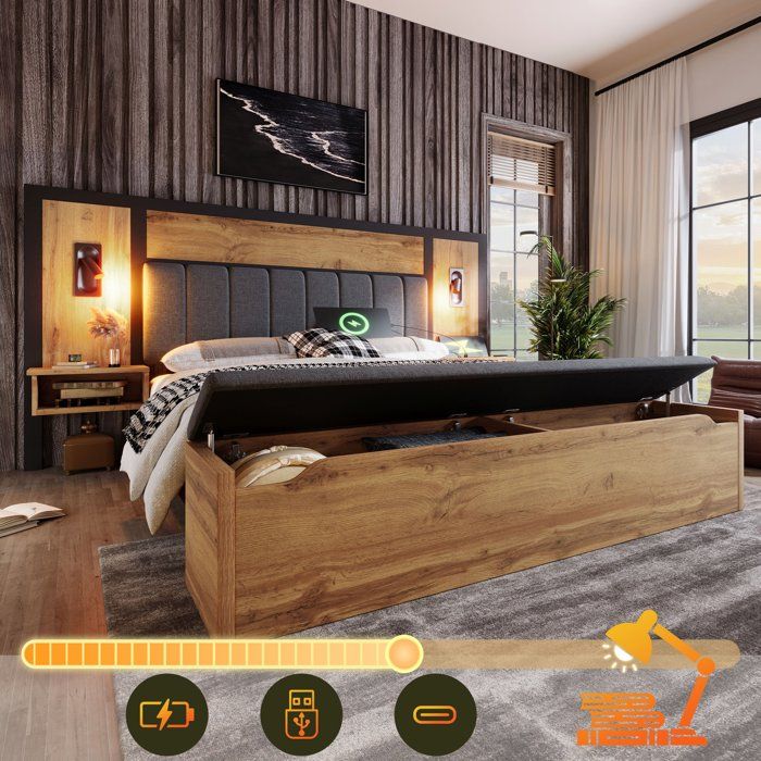 Lit double 160x200 avec sommier à lattes coffre de rangement éclairage LED et table de chevet USB