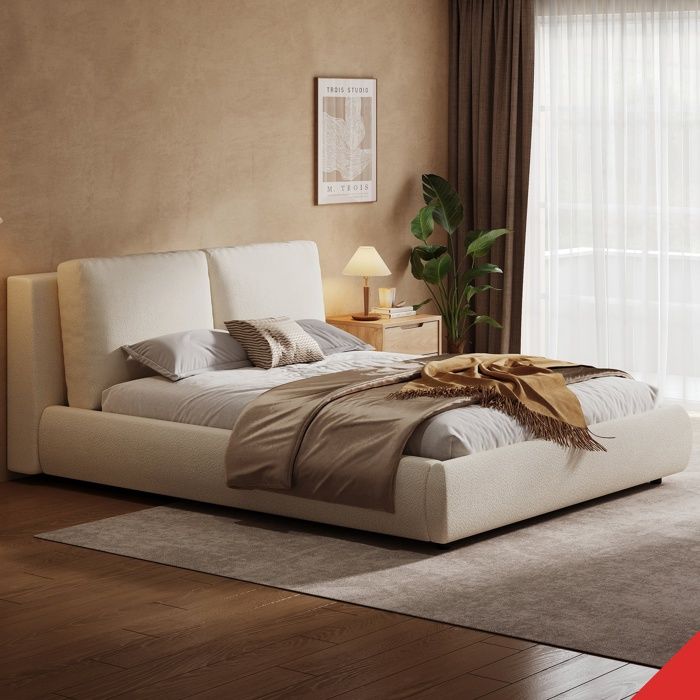 Lit capitonné 180x200 beige bouclé avec tête de lit ergonomique inclinée livraison en 3 colis et montage facile selon notice