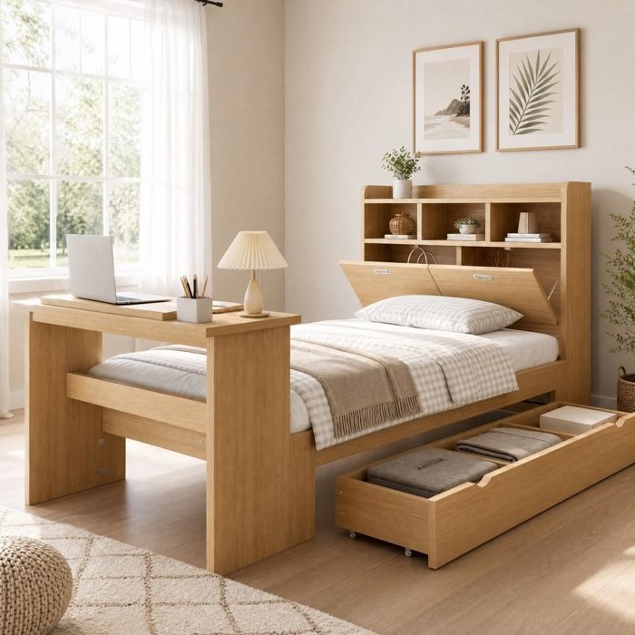 Lit Combiné 1 Place 90×200 cm avec Tiroir Étagères et Table Rabattable sans Matelas - MEUVYX
