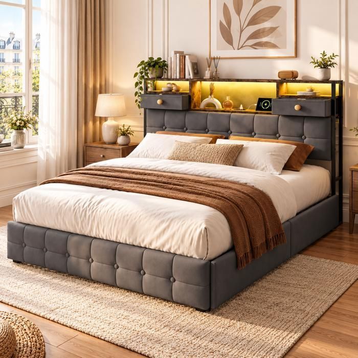 Lit Coffre 140x200 avec 4 Tiroirs Lit double avec LED et Port USB Tête de Lit avec 2 Tiroirs et Étagère de Rangement Velours Gris