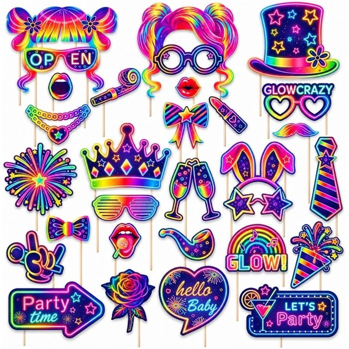 Photobooth Néon 30 Pièces Accessoires Photobooth pour Fête MAQUILLAGE DE DEGUISEMENT