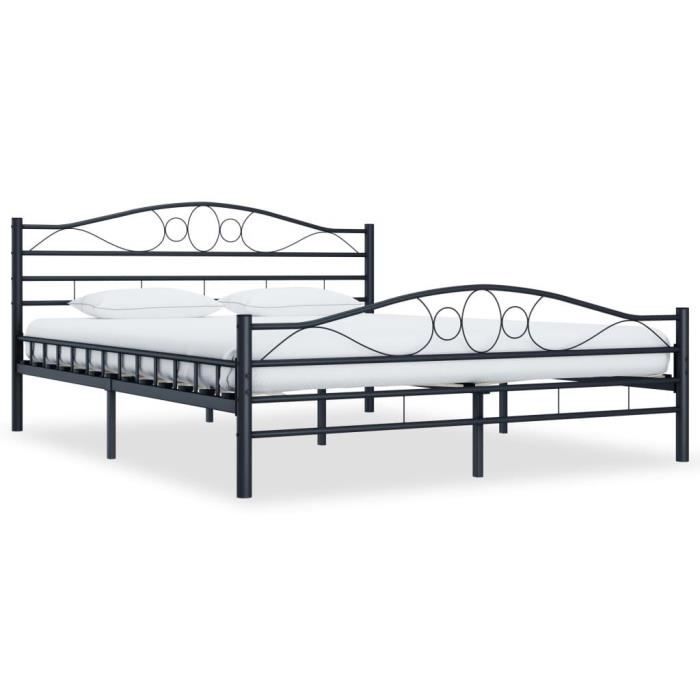 lit adulte à deux places-cadre de lit en acier avec sommier à lattes- noir-160 x 200 cm