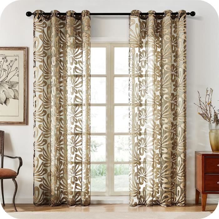 Woaboy Lot De 2 Rideaux Voilage à Œillets 140x225 Cm Taupe – Voilage Léger Transparent Motifs Feuilles Élégantes Pour Chambre, Salon Et Maison