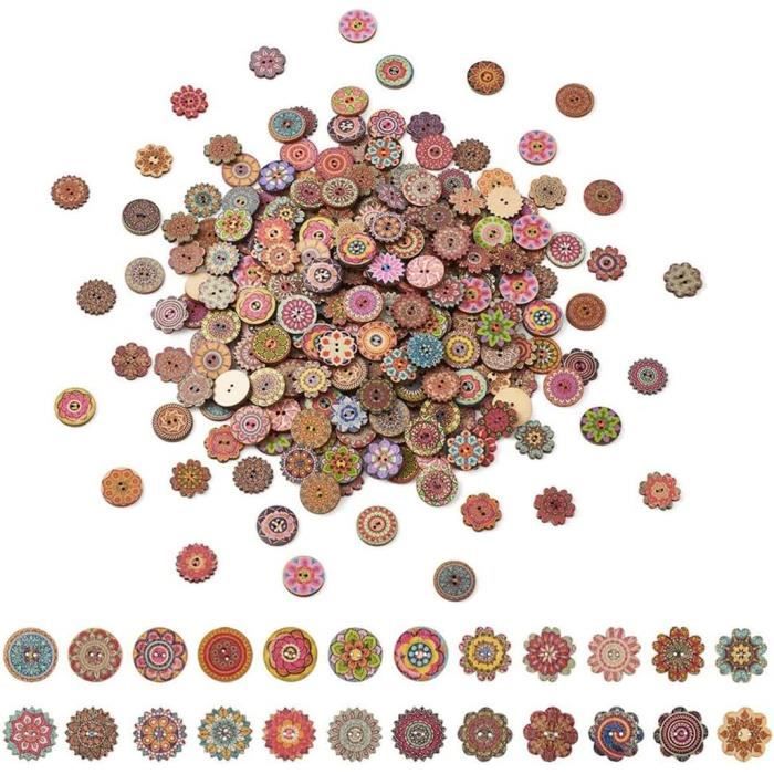 100 Boutons En Bois Vintage 20mm - Motifs Floraux, 2 Trous, Pour DIY Et Couture