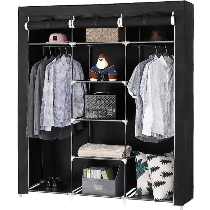 Armoire Toile Dressing Simple Penderie de vêtement Pliable Noir Métal
