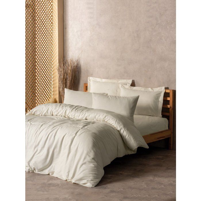 Parure de lit - 1 housse de couette 140 x 200cm + 1 taies doreiller 60 x 60 cm - 100% coton renforcé - Imprimé carreaux Crème