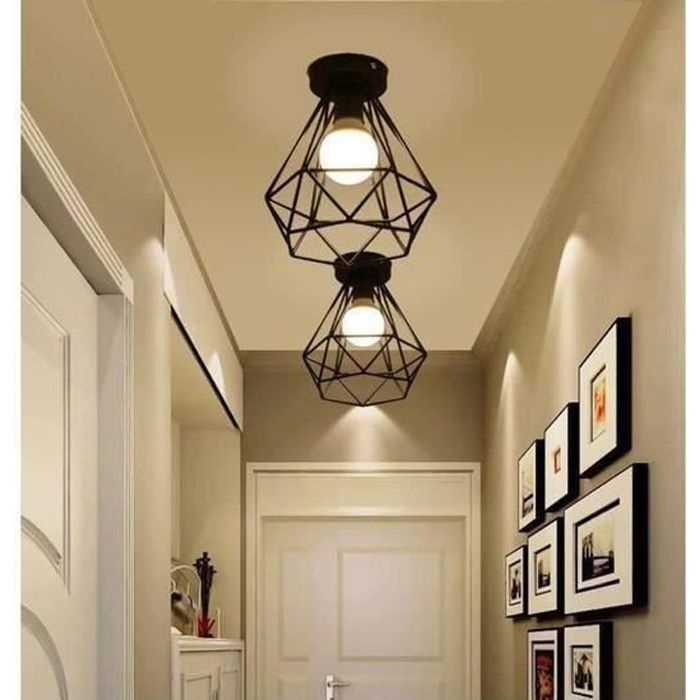 2pcs Plafonnier Industrielle en Métal Noir Cage Carré Fer Lustre pour couloir allée porche chambre etc
