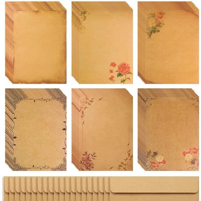 50 Papiers à Lettres Vintage + 16 Enveloppes Marron + 18 Autocollants - Style Rétro