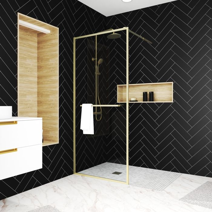 Paroi de Douche Or Doré Brossé 90x200cm - Porte-Serviette et Etagère Paroi de Douche Or Doré Brossé 90x200cm - Porte-Serviette et Etagère