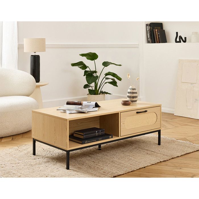 Nagato - table basse - cannage et effet bois - 1 tiroir et 1 niche - 110 cm - Bois / Noir Nagato - table basse - cannage et effet bois - 1 tiroir et 1 niche - 110 cm - Bois / Noir