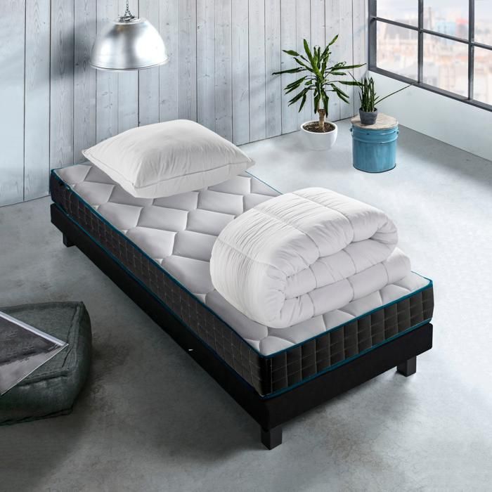 Pack Matelas ressorts ensachés 90x190 cm ATMOSPHERE + couette + oreiller 7 zones de confort tissu stretch luxe garanti 10 ans Pack Matelas ressorts ensachés 90x190 cm ATMOSPHERE + couette + oreiller 7 zones de confort tissu stretch luxe garanti 10 ans