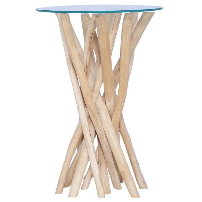 Table basse - DUOKON - 35x35x50cm - Bois de teck massif - Verre - Design contemporain