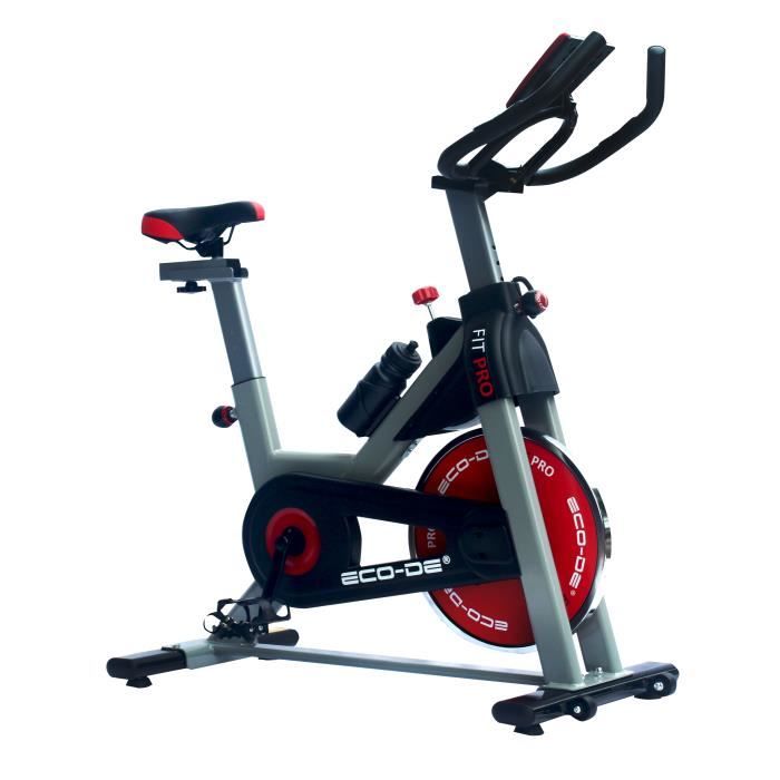 Vélo de spinning ECODE Fit Pro - Résistance 18 kg - Cardiofréquencemètre - Écran LCD - Gris/Rouge