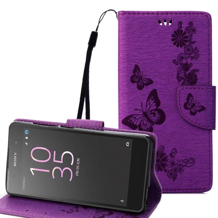 Étui Cuir PU Design Fleurs Pour Sony Xperia E3 - Pourpre Et Crème - Avec Pochette Pour Cartes Et Support Intégré