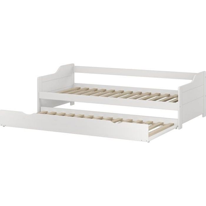 Lit banquette gigogne pin massif blanc 90x200 avec tiroir y compris 2 sommiers à lattes 60.34-09W