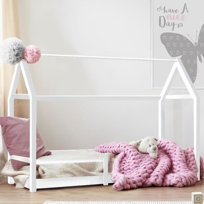 lit cabane enfant 90 x 190 cm nessi blanc avec sommier et barrières - idmarket - scandinave - moderne - a lattes