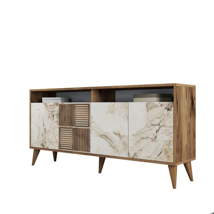 Buffet bas 4 portes et 2 tiroirs Kaltes L160cm Bois et Effet marbre Blanc