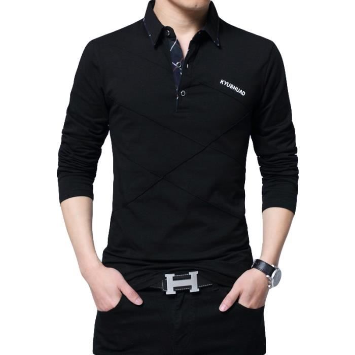 Polo vetement Homme manche longue imprimé de coton slim Noir