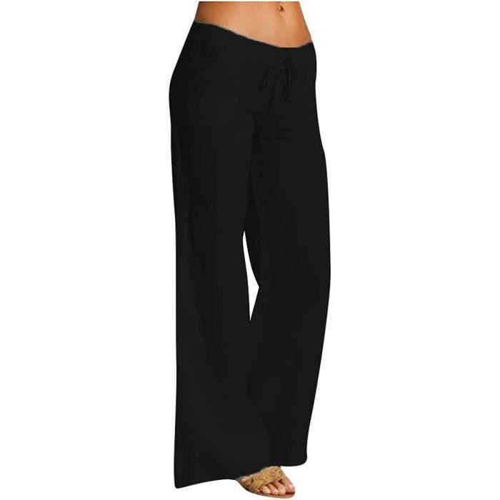 Pantalon Fluide Femme été - Lin 3/4 - Taille Haute élastique - Poches - Pour Yoga, Pilates, Décontracté