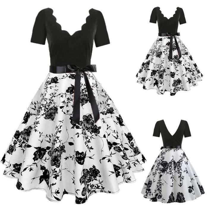 Femmes Manches Courtes Mode Vintage Imprimer Robe Evasee Noir Noir Achat Vente Robe Cdiscount
