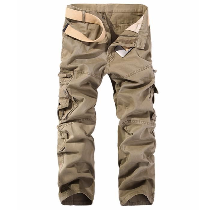 Pantalon Cargo Multi-poches Homme Coupe Droite Pantalon Militaire en Coton Couleur Unie Tissu Confortable - Kaki