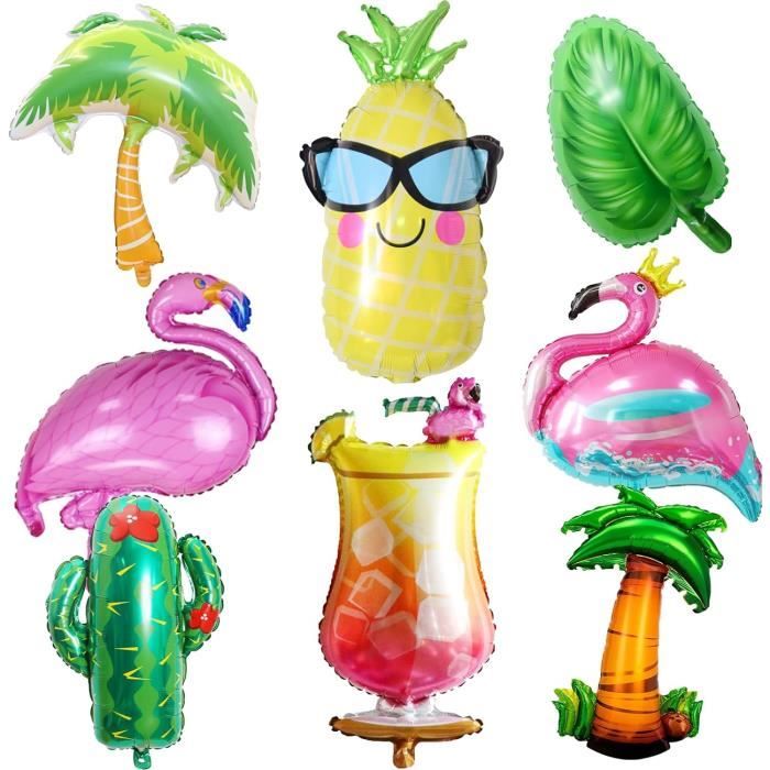 Kit 9 Pièces Gonflables Hawaïen : Palmiers, Flamants, Dauphin, Banane, Perroquet + Pompe - Fête Plage Piscine