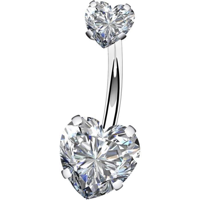 OUFER 14 G Piercing Nombril en Acier Chirurgical 316L Double Cœur avec Cubique Zircone Anneau de