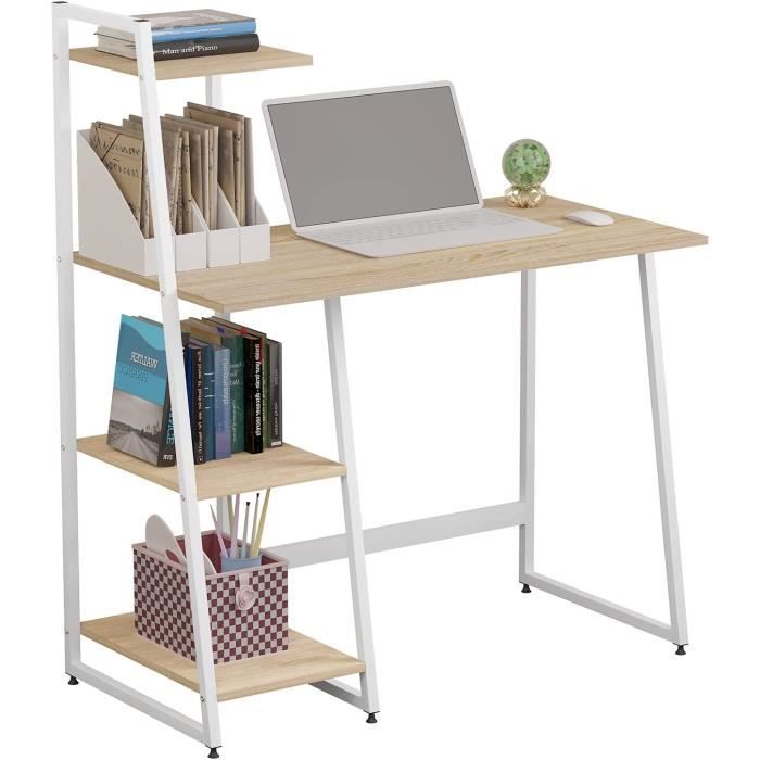 Bureau d'ordinateur avec 4 étagères de rangement – Table d'étude d'étudiant de 105 cm avec étagère – Bureau moderne en bois avec cadre en acier pour petits espaces – Noir