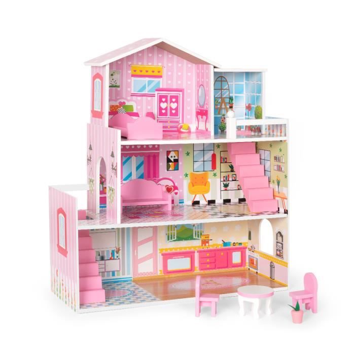 Maison de poupée en bois multi-équipements 3 niveaux escalier terrasses  rose Homcom