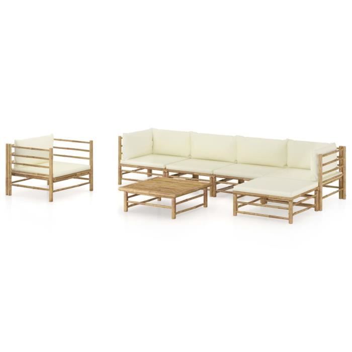 vidaXL Salon de jardin 7 pcs avec coussins crème Bambou