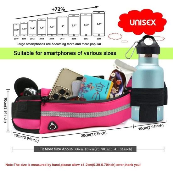 Ceinture De Course SLTAXAR – Sac Banane étanche Réglable, Avec Porte-bouteille, Bandes Réfléchissantes, Pour Running, Gym, Randonnée (taille 60-110 Cm, Rose)