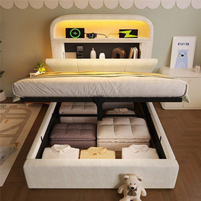 Cadre Lit Rembourré Tête De Lit Lit 90x200 Avec Sommier LED, 2 Tiroirs, Coffre De Rangement Et Tête Réglable - Simple à Lattes, Rembourré, 1 Place (Sans Matelas Lit Cadre Fer Hydraulique