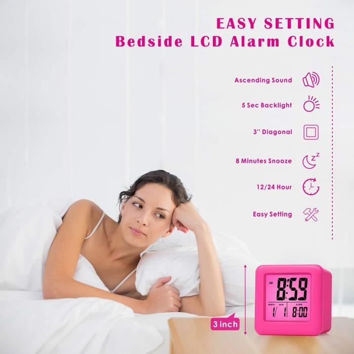 Réveil numérique à piles avec affichage LED - Veilleuse intelligente - Fonctionnement facile - Pour chambre d'enfant - Rose Réveil numérique à piles avec affichage LED - Veilleuse intelligente - Fonctionnement facile - Pour chambre d'enfant - Rose