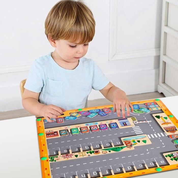 RunHero Labyrinthe Magnétique Alphabet - Jeu Montessori En Bois - Parking - Motricité - Cadeau Enfant 2-4 Ans