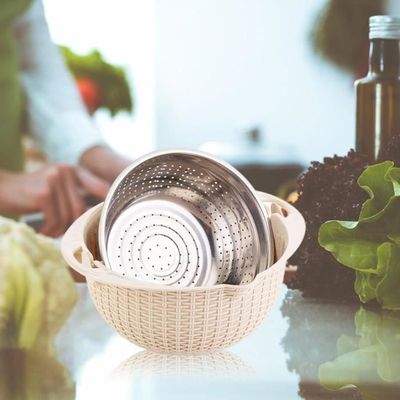 Passoire 4 En 1 Avec Bol à Mélanger Rotative - Acier Inoxydable, Essoreuse à Salade, Râpe Et Lave-Légumes (Beige)