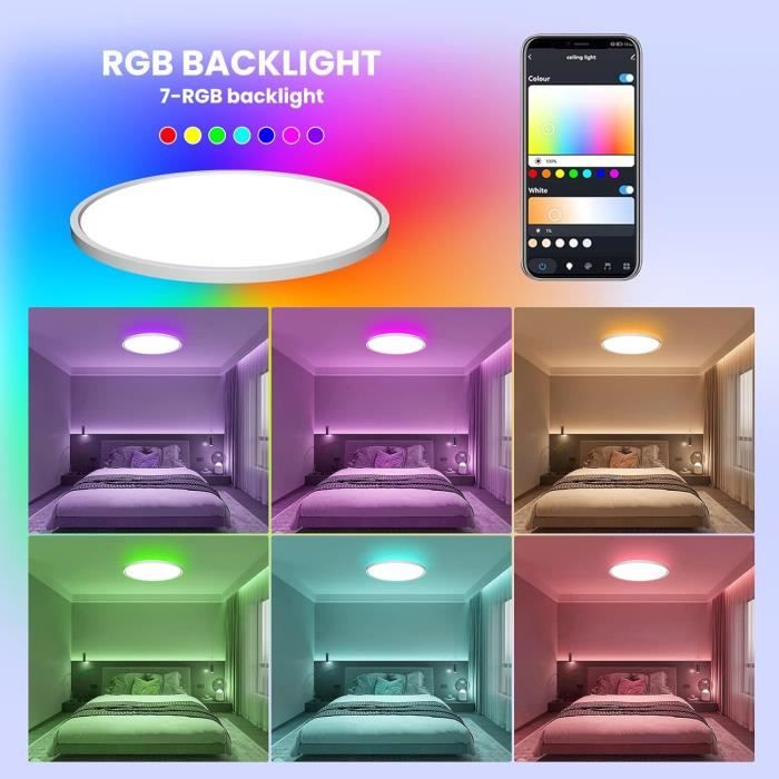 Plafonnier LED RGB dimmable avec télécommande, Plafonnier LED RGB 36W  3600lm dimmable avec 7 couleurs de lumière, IP54 led [336] - Cdiscount  Maison