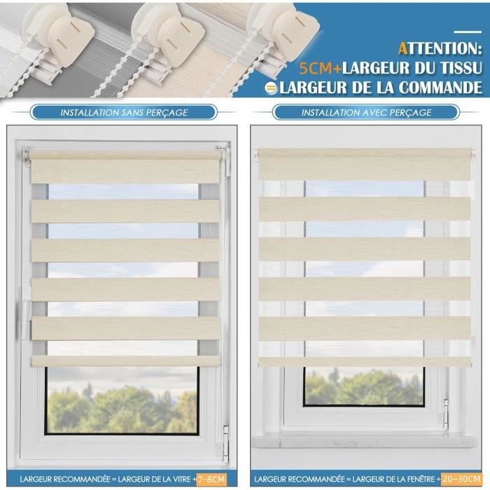 Store Enrouleur Nuit/jour INTERBLIND - 130cm - Gris - Sans Perçage - Installation Facile