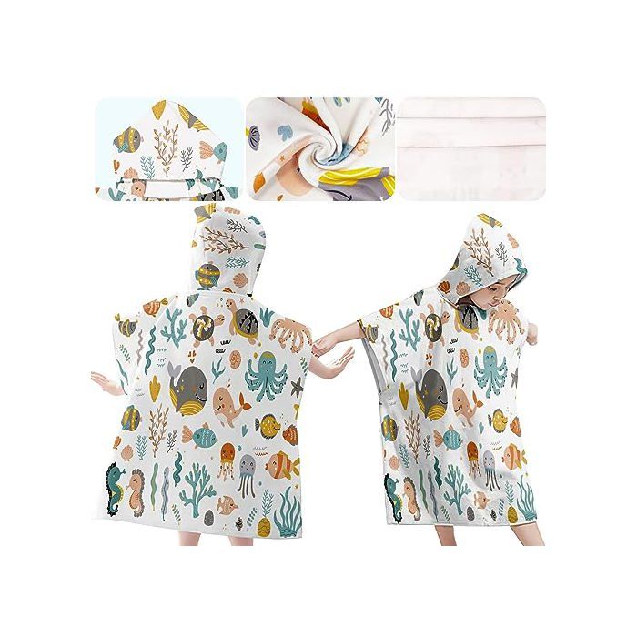 Rowjoy Serviette De Plage Poncho, Poncho De Bain Pour Enfants, Impression D'animaux Océaniques, Serviette De Plage En Microfibre, Serviette De Plage Pour Tout-Petits De 2 à 8 Ans (H4-75 X 65 Cm